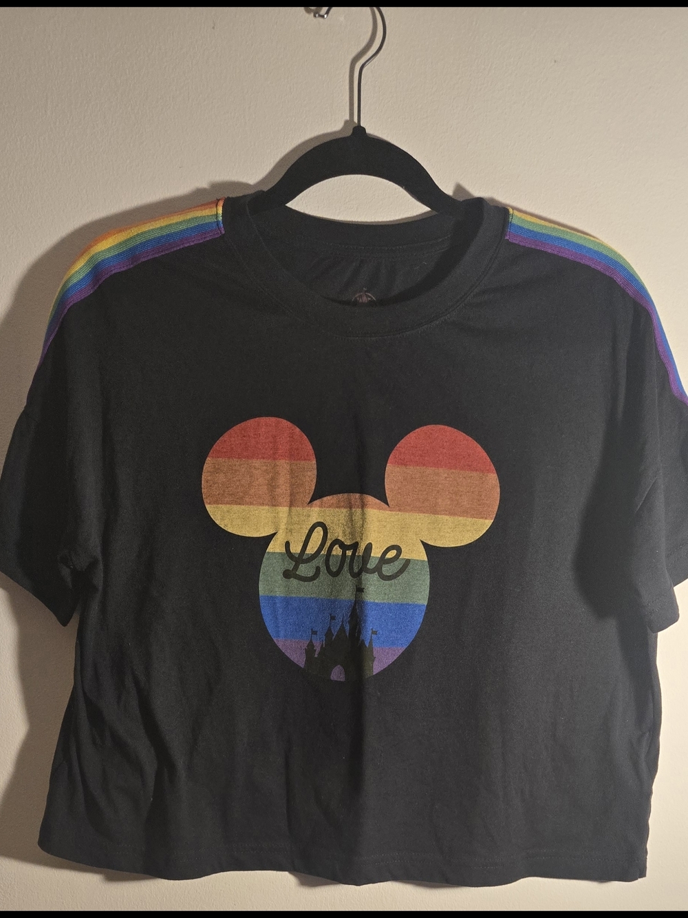 Disney Black Tee with Rainbow Stripes & Rainbow Mouse w/ Castle